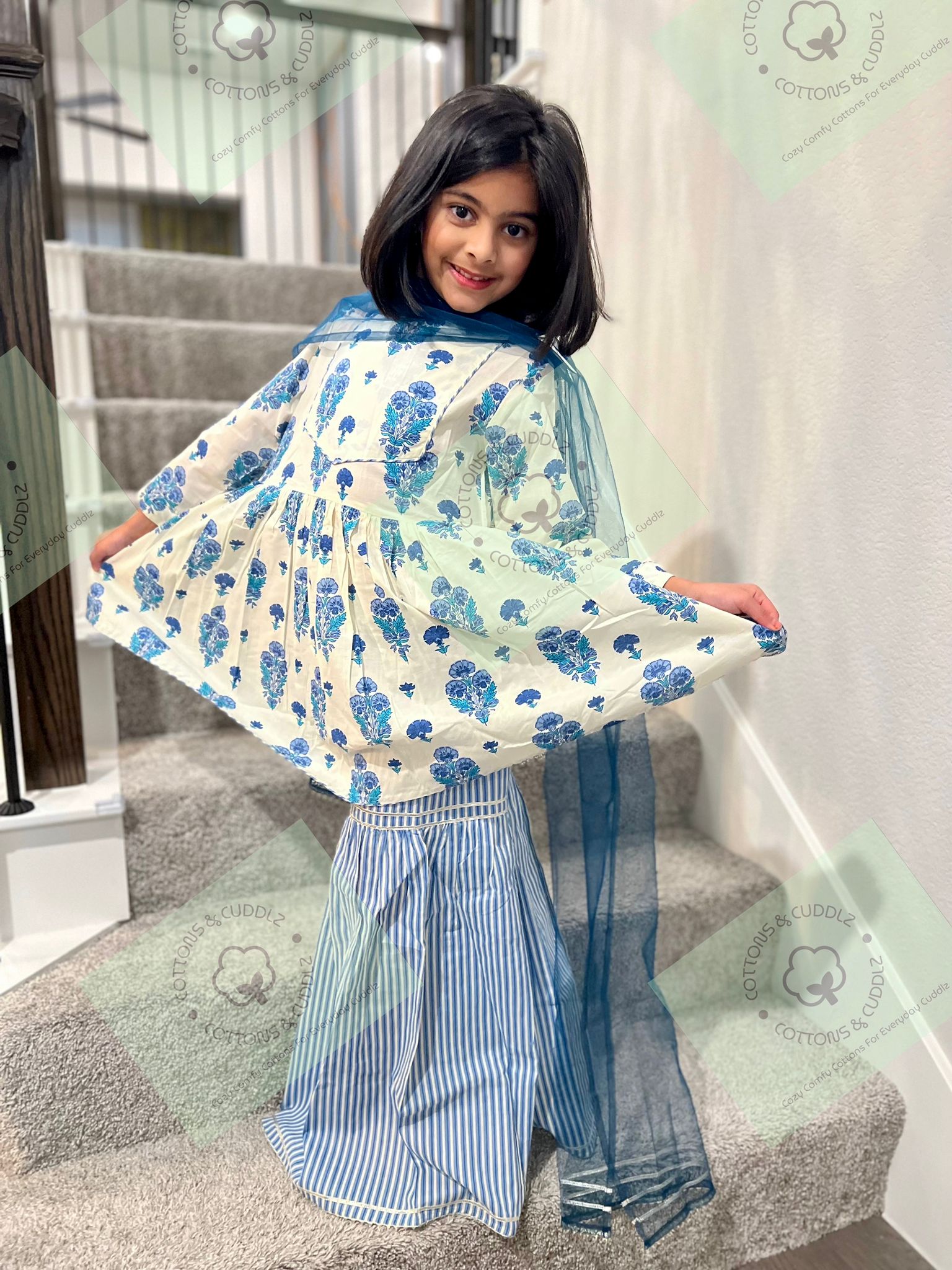 White and Blue Kids 3 Piece Ethnic wear