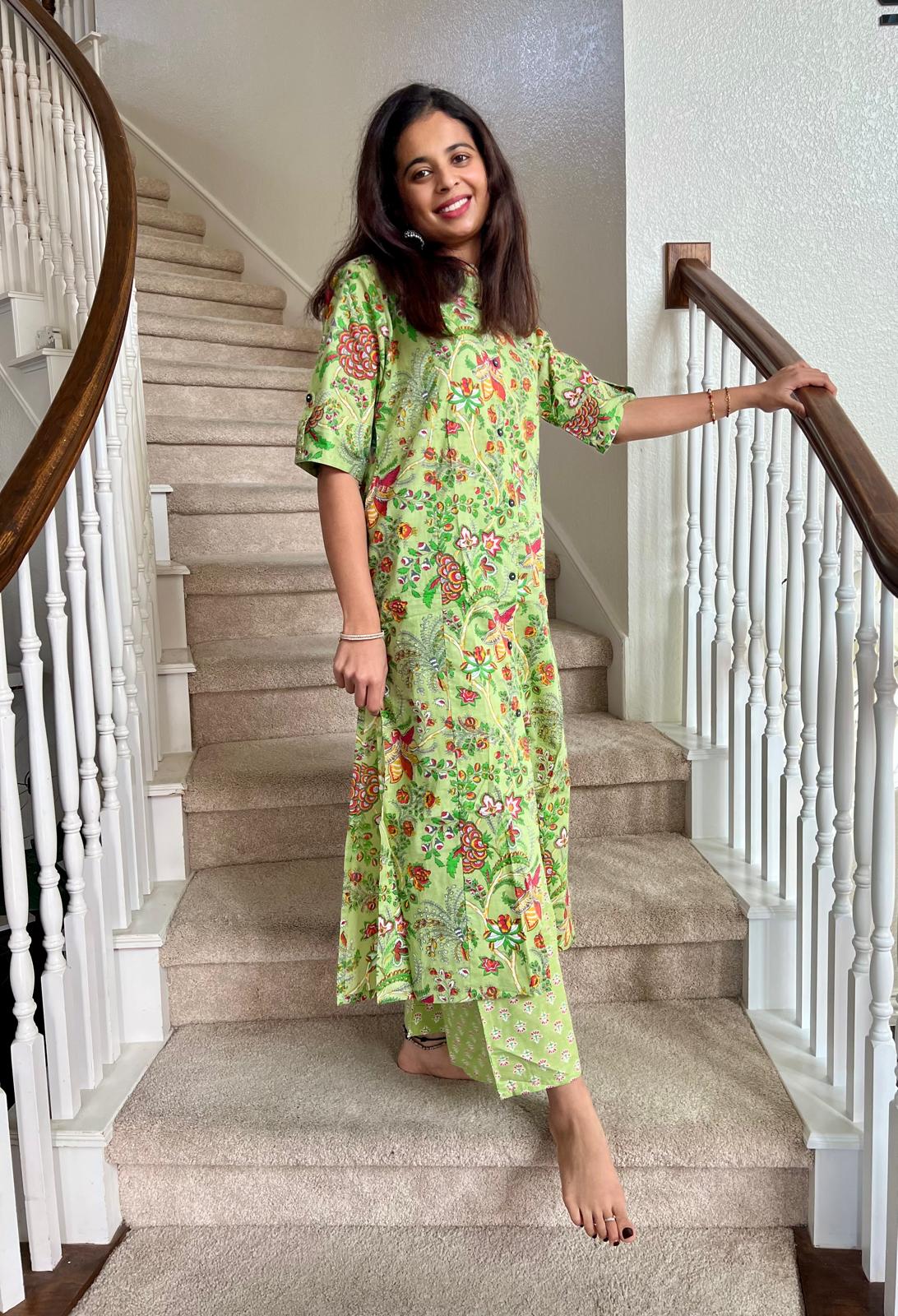 2 Piece Green Flower Kurta Set
