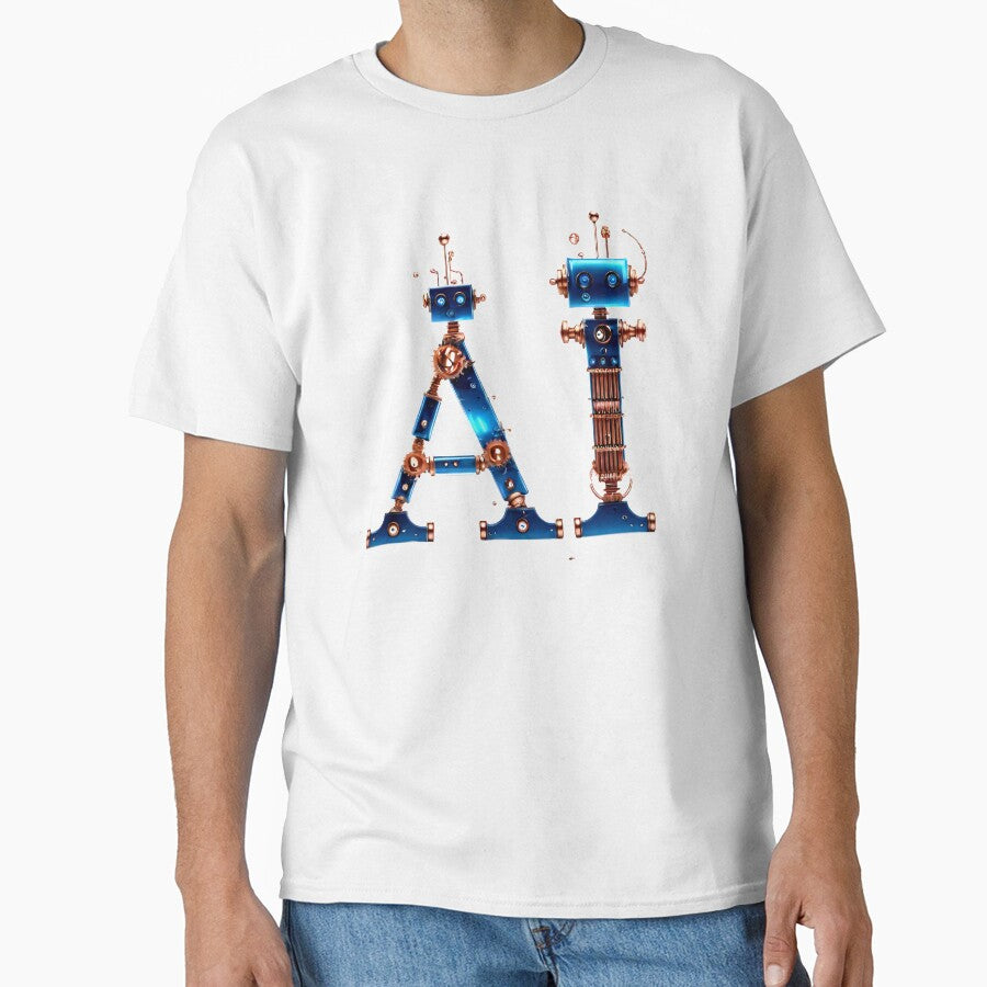 AI Mechanical Robot Inscription Shirt Copper Tech Design White